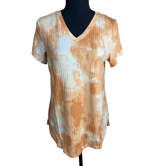 Cuddl Duds Women's Wide Rib V-Neck Tee w/ Side Slits Ochre Tie Dye NWOT SIZE XS - Picture 2 of 7